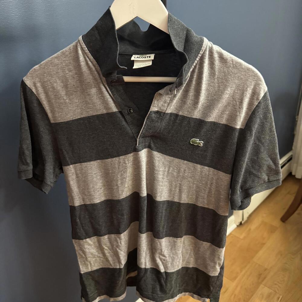 Lacoste, Grey Striped Mens Polo, Size 4 (Medium)